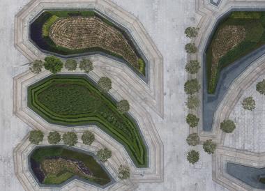 Arquitectura y Paisaje: patrones naturales y culturales proyectados en Sowwah Square por Martha Schwartz