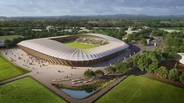 Zaha Hadid Architects Unveils First Ever All-Timber Football Stadium in Stroud, United Kingdom